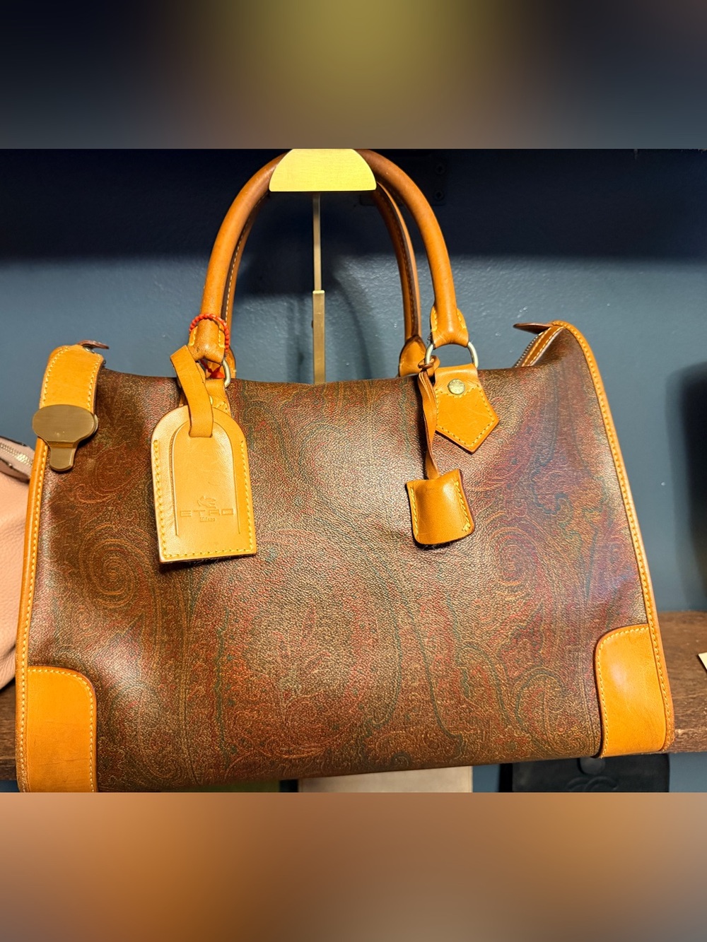 New arrival Etro Boston Brown Paisley Satchel w Tan Leather Trim